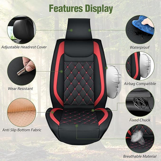 Nilight Car Seat Covers Waterproof Breathable Faux Leather Cushions Anti-Slip Universal Cover for Hyundai Kia Civic Corolla Honda Accord Camry CR-V Fusion SUV Truck (2 PCS Front, Black-Red)