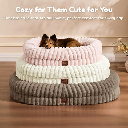 ChiXnuggle Dog Bed Large Sized Dog - Luxury Striped Faux Fur Waterproof Dog Couch with Removable Washable Cover, Orthopedic Dog Bed with Bolster Sides for Sleeping, Taupe