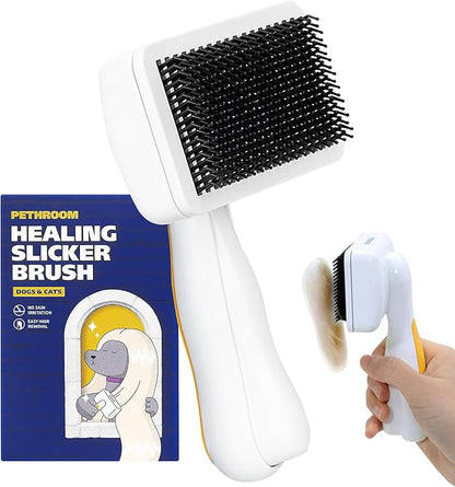 PETHROOM Self-Cleaning Slicker Brush for Dogs & Cats – Gentle Grooming & Deshedding Tool, Removes Mats & Tangles, Skin-Friendly Coated Tips, One-Touch Hair Removal Button