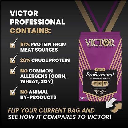 VICTOR Super Premium Dog Food – Professional Dry Dog Food – Super Premium Kibble with 26% Protein – Gluten-Free with Beef, Chicken & Pork Meals – for High Energy and Active Dogs & Puppies, 30lbs