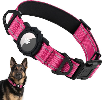 Taglory AirTag Dog Collar with Waterproof Holder for Large Dogs, Hot Pink | Reflective for Night Walks & Low-Light Safety, Track Your Pup Peace of Mind, Adjustable Soft Padded, No More Dangling Tags XL