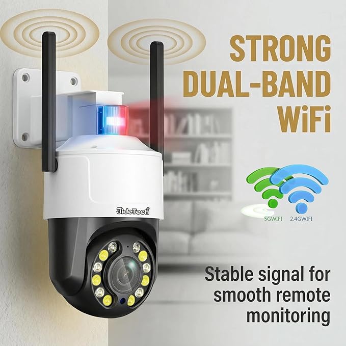 JideTech 5MP PTZ WiFi Security Camera Outdoor, 5X Optical Zoom, Dual Band 2.4G 5G Wireless, Red Blue Warning Light, Color Night Vision, Auto Tracking, Human Vehicle Detection, NVR Compatible
