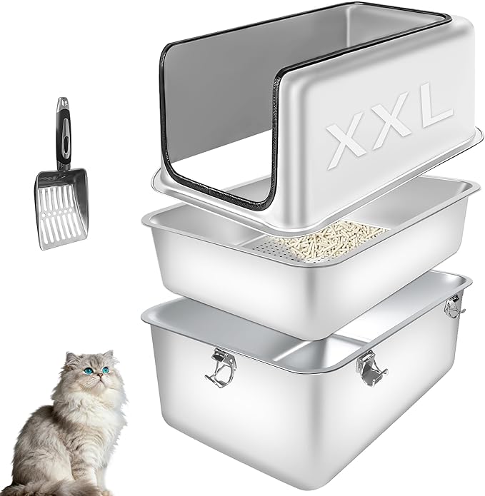 Stainless Steel Cat Litter Box, 23.6" L x 15.7" W x 12" H Extra Large XXL Semi Enclosed Removable Metal Litter Box with High Sided Enclosure, Scoop, Non-Sticky, Easy Cleaning