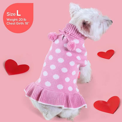 KYEESE Valentines Dog Sweater Dress, Warm Dog Sweaters Medium Large Size Dogs Girl, Cozy Pullover Pet Clothes Knit Pet Apparel with Leash Hole, Pink Dot, 2XL