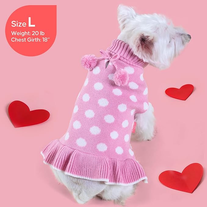 KYEESE Valentines Dog Sweater Dress, Warm Dog Sweaters for Small Dogs Girl Dogs Clothes, Pullover Cozy Knit Pet Apparel with Leash Hole, Pink Dot, M