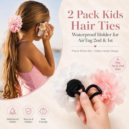 2 Pack Kids Hair Ties Holder for Airtag 2nd & 1st, Cute Flower Hidden Hair Elastic Band Tracker Case for Girls (Pink White, Thick Hair)