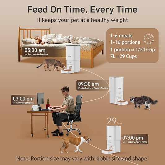 Automatic Cat Feeders, 7L/29 Cups Automatic Dog Feeder with Desiccant Bag, 1-6 Meals Ideal for 2-15mm Dry Food, Suitble for Multiple Pets, Dual Power Supply, Detachable Washable, White