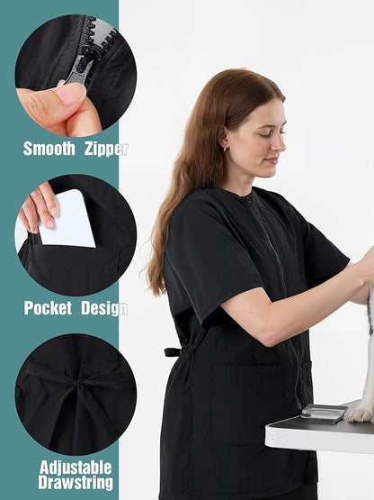 SOMSOC 2 Pack Waterproof Pet Grooming Workwear Short Sleeve Drawstring Zipper Anti Static Uniform with Pocket for Men Women