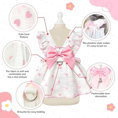 Dog Dresses for Small Dogs Girl Female Dog Cat Clothes Dress Cute Cotton Extra Summer Clothes Bow Decor Printed Love Birthday Outfit Puppy Clothes (Light Pink, X-Large)