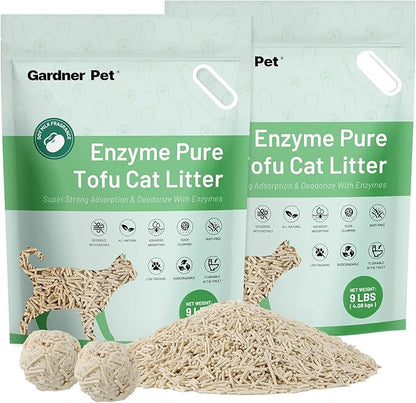 Gardner Pet Natural Tofu Cat Litter - Fast Absorbing & Strong Clumping, Low Dust, Flushable Cat Litter for Odor Control, Easy Scooping for Multi-Cat Homes, (9LBS*2)