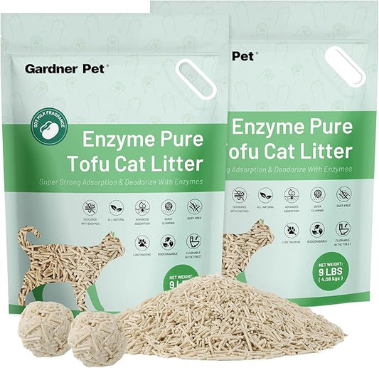 Gardner Pet Natural Tofu Cat Litter - Fast Absorbing & Strong Clumping, Low Dust, Flushable Cat Litter for Odor Control, Easy Scooping for Multi-Cat Homes, (9LBS*2)