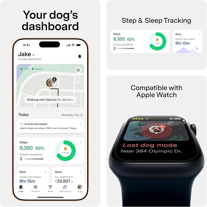 Fi Series 3+ GPS + Health Dog Collar, Yellow, X-Small, 12-Month Membership | Smart GPS dog collar with live tracking, health & behavior, Escape Alerts, LED light. Waterproof and Apple Watch compatible.