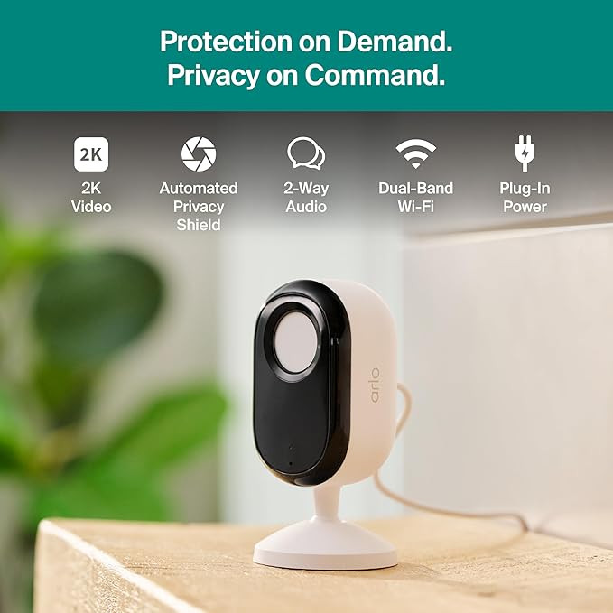 Arlo Essential Indoor Security Camera 2K (3rd Gen, 2025 Release) - Wired Plug-in Power, Person Recognition, Animal Detection, 1-Month Trial of Secure Plan, Automated Privacy Shield, 2 Cam, White