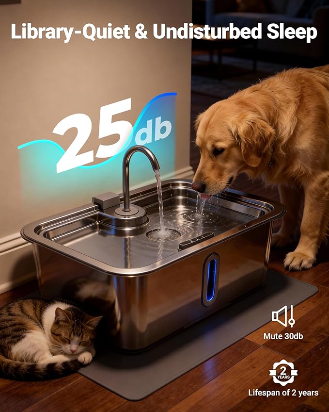 15L/4Gal Large Dog Water Fountain with Pet Feeding Mat & 3 Filters, Stainless Steel Pet Water Fountain for Dogs Cats, Dog Water Bowl Dispenser with Visible Window, Alert Light, Quiet Pump