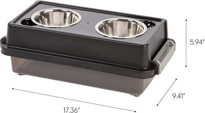 IRIS USA Elevated Dog Bowls with Storage, 6" H Raised Feeding Station, Dog Bowl Stand with Airtight Food Storage Holds 5 lbs, 4 Removable 16 oz Stainless Steel Food and Water Bowls, Smoke/Black