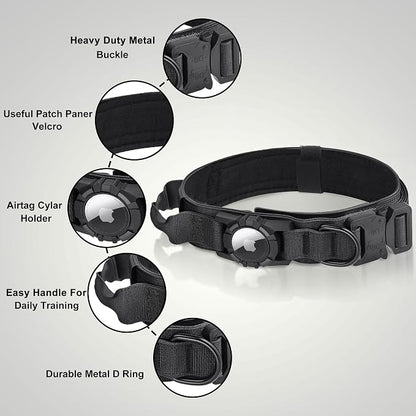 Upgraded Airtag Dog Collar Waterproof, Adjustable GPS Training Nylon | Dog Collar with AirTag Holder, Control Handle and Quick-Release Buckle for Medium and Large Dogs (Black, L)
