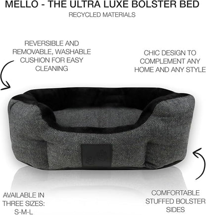 Pet Passion Mello- The Ultra Luxe Bolster Dog Bed with Removable Washable Pillow for All Pet Breeds, Charcoal Tweed, Large