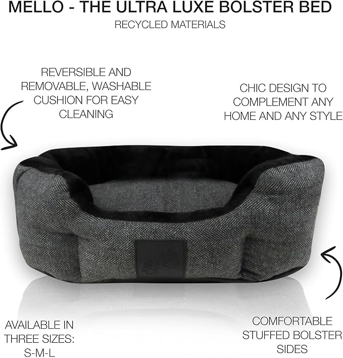 Pet Passion Mello- The Ultra Luxe Bolster Dog Bed with Removable Washable Pillow for All Pet Breeds, Charcoal Tweed, Medium