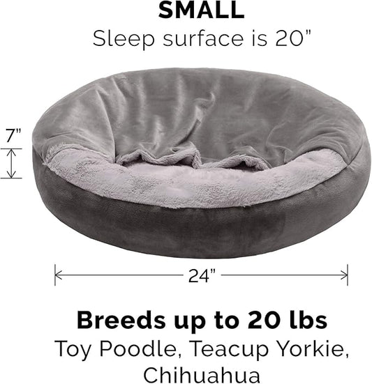 Furhaven 24" Round Calming Donut Dog Bed for Indoor Cats & Small Dogs, Washable, For Dogs Up to 20 lbs - Plush Velvet Waves Hooded Donut Bed - Dark Gray, Small
