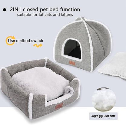 Cat Beds for Indoor Cats-Cat Bed Cave House Tent for Kittens and Small Pets with Washable Cushioned,Soft and Warm Indoor House, Grey, 15 inches