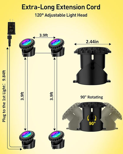 T-SUN Colored Underwater Pond Lights with APP & Remote Control 4 Pack | IP68 Waterproof Submersible Fountain Lights, Dimmable Timer Pond Lights Led Underwater for Outdoor Pond Fish Aquarium Garden