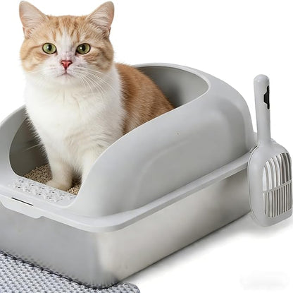HealSmart Stainless Steel XL Cat Litter Box, Extra Large Cat Litter Box with Lid, High Sided Metal Litter Tray for Big Cats, Anti-Urine Leakage Non-Stick Easy Clean, Light Gray