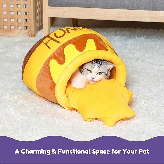 PECHVINO Honey Pot Cat Bed - Cozy Enclosed Pet Bed in Medium and Large Sizes, Cute Honey Pot Design for Cats & Small Pets, Plush Cushion & Durable Fabric (Medium)