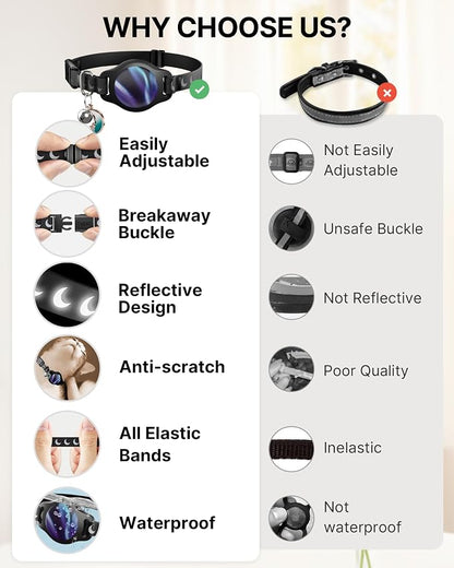 typecase Reflective Breakaway Cat Collar with AirTag Holder, Black/Blue | Black Reflective Breakaway Cat Collar With Bell And Silicone AirTag Holder; Adjustable 8-12 In; AirTag Not Included