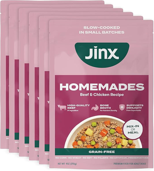Jinx Beef & Chicken Grain Free Wet Dog Food Pouches, Meal or Dog Food Topper Mix-in, Made with Real Beef & Chicken, Bone Broth, No Fillers - Puppy, Adult, Senior, 9oz, 6 Pack