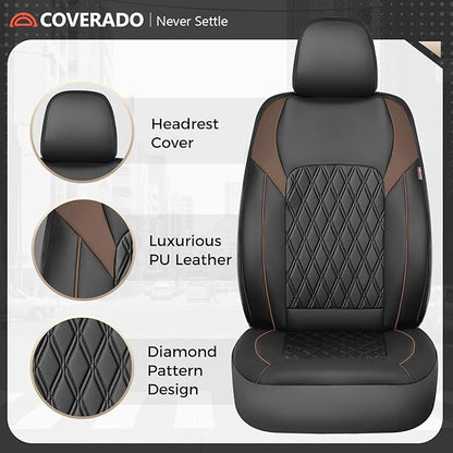 Coverado Leather Seat Covers, Front and Back Seat Covers for Cars, Waterproof Automotive Seat Covers Car Seat Protector Car Seat Cushion Universal Interior Truck Accessories Fit Most Cars Black&Coffee