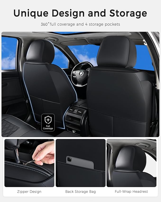 Huidasource Front Seat Covers, Car Seat Covers Front Seats Nappa Leather, Side Elastic Fabric, Compatible with Airbags, Seat Belts, Universal Fit for Most Cars, Vans, Trucks, SUV (Front Pair/Black)