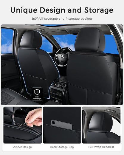 Huidasource Car Seat Cover, Nappa Leather Seat Covers, Velcro Adjustable, Compatible with Airbags, Armrests, Child Seat, Seat Belts, Universal Fit for Most Cars, Vans, Trucks, SUVs (Full Set/Black)