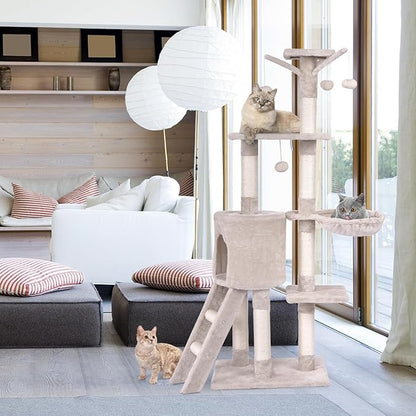 PETSITE 56 Inches Cat Tree for Indoor Cats, Multi-Level Cat Tower with Sisal Scratching Posts and Ladder, Tall Cat Tree with Top Perch, Hammock, Cat Condo & Jumping Platforms for Cats Kittens
