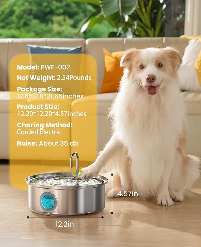 oneisall Dog Water Fountain, 7L/230oz/1.8G Quiet Dog Fountain Water Bowl, Stainless Steel Dog Water Fountain with Visual Water Level&Triple Filtration for Large Medium Small Breed Dogs Pets