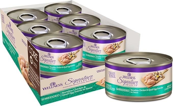 Wellness CORE Signature Selects Shredded Adult Canned Wet Cat Food, Natural, Protein Rich, Grain Free, Chicken and Quail Egg Entrée Recipe, 5.3 oz, Pack of 12 Cans
