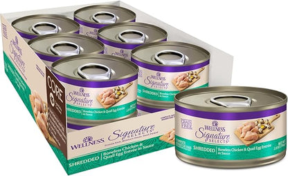 Wellness CORE Signature Selects Shredded Adult Canned Wet Cat Food, Natural, Protein Rich, Grain Free, Chicken and Quail Egg Entrée Recipe, 5.3 oz, Pack of 12 Cans