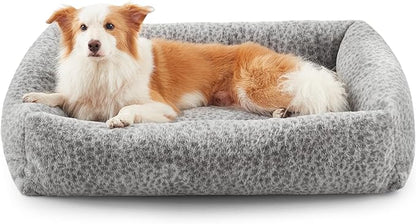 JOEJOY Dog Bed Medium Size Dog, Removable Washable Cover Orthopedic Soft Pet Bed, Anti-Slip Fluffy Plush Faux Rabbit Fur Puppy Bed, 30"x24"x8", Leopard Print, Grey