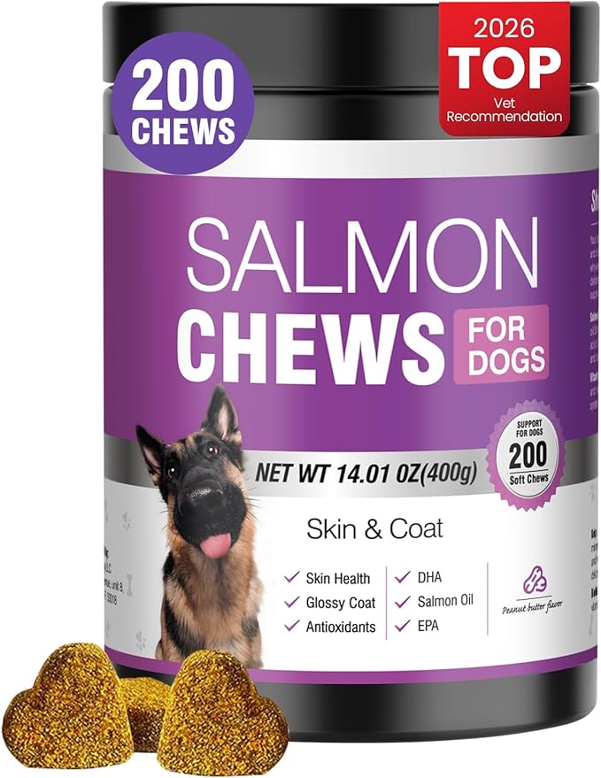 TTLXBL Omega 3 Skin and Coat Supplement for Dogs 200 Chews Dog Fish Oil Supplements with EPA & DHA Fatty Acids Dry Skin Relief for Dogs Shedding Allergy Itching Promotes Heart Hip Joint(Peanut Butter)