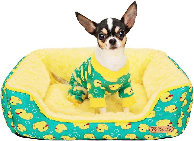 Rectangle Washable Dog Bed for Large, Medium & Small Dogs – Soft Calming Puppy Beds, Durable Warm Pet Sofa with Non-Slip Bottom for Indoor Use.Yellow S Size (18.9"x18.9"x6.3")