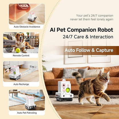PMATE Self-Moving Pets Camera AI-Powered Rover with Auto Tracking & Patrol, 2K Live View, Night Vision, 2-Way Talk, and Auto-Recharge (Pink)