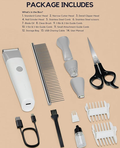 Dog Clippers Grooming Kit, 4 in 1 Quiet Cordless Dog Paw Trimmer & Nail Grinder, Small Dog Cat Clippers Electric Rechargeable Low Noise Pet Shaver for Trimming Hair on Paw Eye Ear Face Rump (Gray)