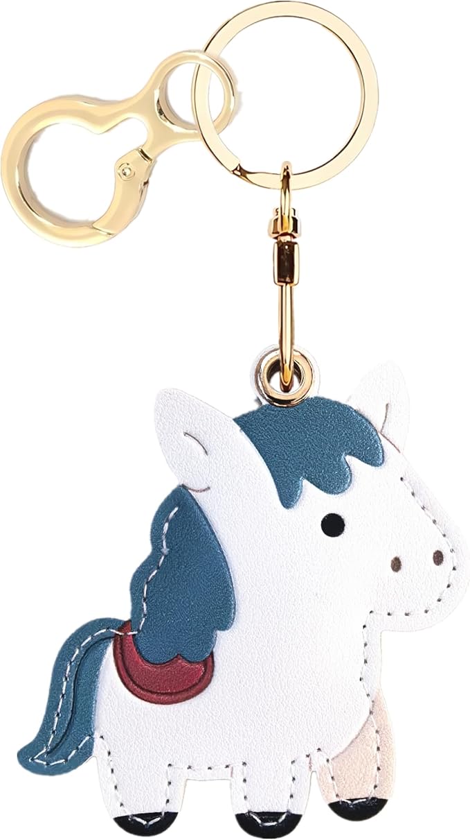 Leather Keychain Holder Case Compatible with AirTag,Cute Protective Cover with Keyring,Anti-Scratch Finder GPS Tracker Case for Wallet Keys,bag,pets,Backpack(White Horse)