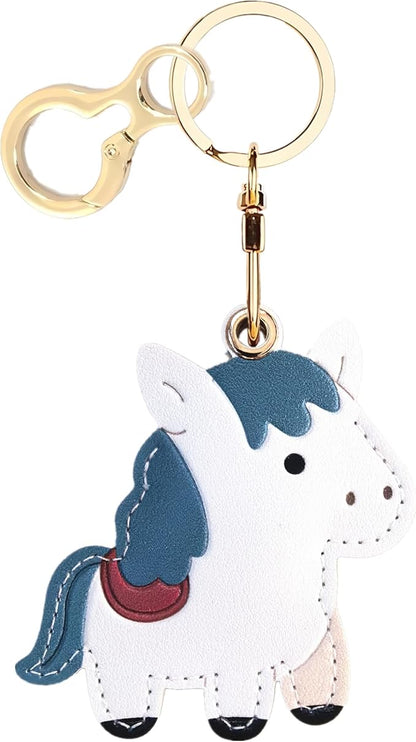 Leather Keychain Holder Case Compatible with AirTag,Cute Protective Cover with Keyring,Anti-Scratch Finder GPS Tracker Case for Wallet Keys,bag,pets,Backpack(White Horse)