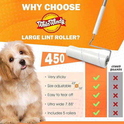 WulaWindy Long Handle Lint Roller for Pet Hair, 450 Sheets, 5 Rolls | Wide lint roller with extendable handle, 450 easy-tear sheets and storage base for pet hair on floors, sofas and carpets.