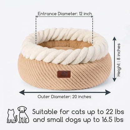 Hollypet Cat Bed for Indoor Cats Kitty Beds, Round Washable Fluffy Small Dog Bed, Soft Cozy Plush Pet Beds for Puppy and Kitten with Non-Slip Bottom (20" Diameter, Oatmeal)