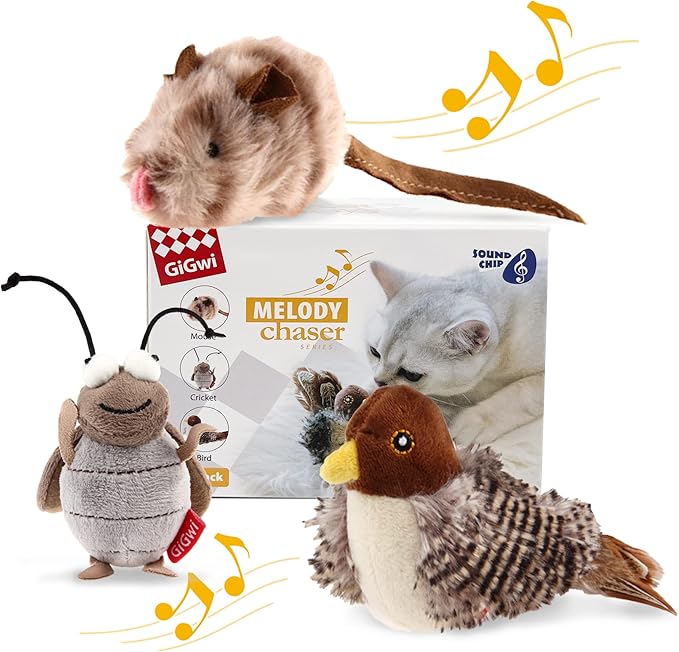 Gigwi Automatic Cat Toys Pack - Interactive Electronic Plush Toys with Bird/Cricket/Mouse Sounds for Indoor Cats to Play Alone and Squeak, 3 Pcs