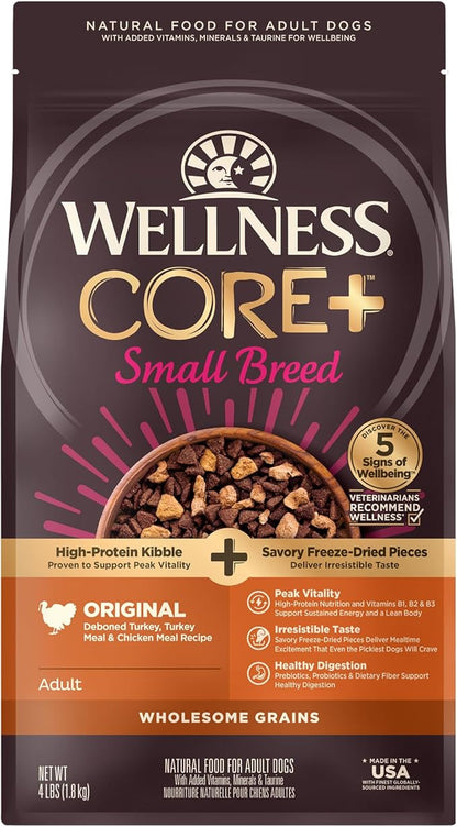 Wellness CORE+ Small Breed Adult Dry Dog Food with Freeze Dried Pieces, Wholesome Grain Kibble+, Natural, High Protein, Turkey and Chicken Recipe, 4 lb Bag