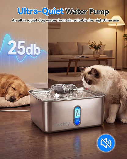 Kastty 4Gal/15L Dog Water Fountain, Large Capacity Stainless Steel Pet Water Fountain with Water Level LED Light, Ultra Quiet Dog Water Bowl Dispenser for Large Multi-Pet, Easy to Clean (FS78,Grey)