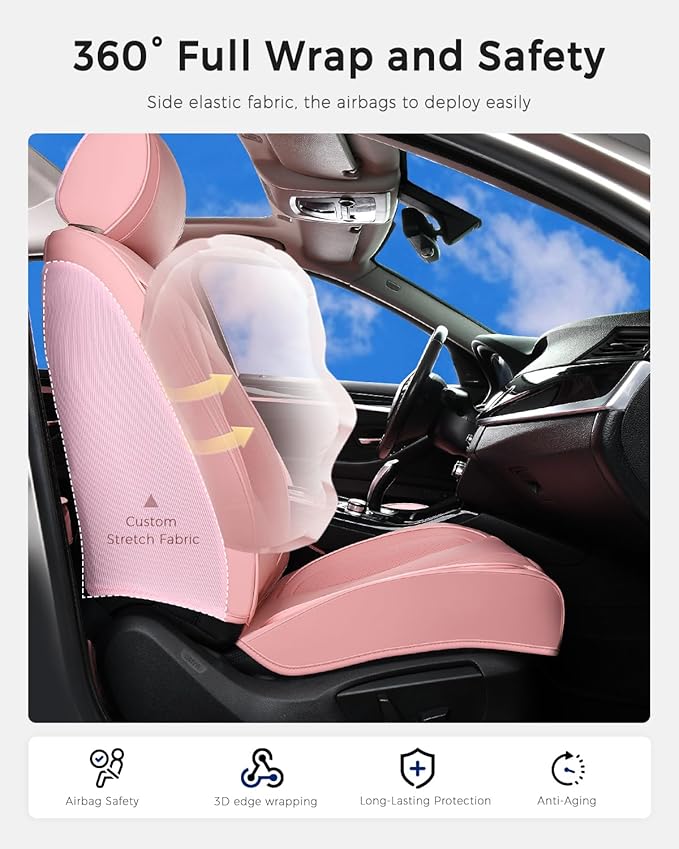 Huidasource Pink Front Seat Covers, Nappa Leather Front Car Seat Covers with Lumbar Support, Ventilation Holes, Elastic Fabric, Airbag, Full-Coverage Seat Covers, Fit for Most Cars SUV Trucks, Pink