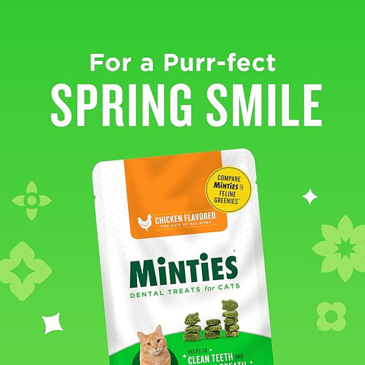 Minties Dental Treats for Cats, Chicken Flavored Treats for Cats, Freshens Breath and Controls Tartar, 30oz (12 2.5oz Bags)